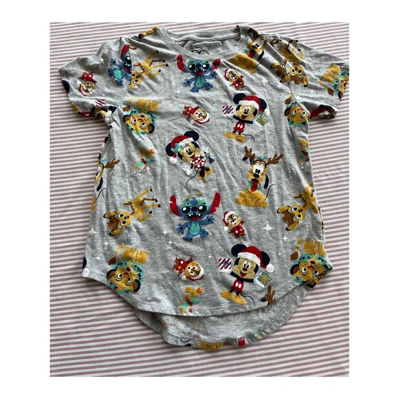 Disney 100 Tops - Disney 100 Christmas T-Shirt Juniors M Gray Mickey & Friends Festive Print